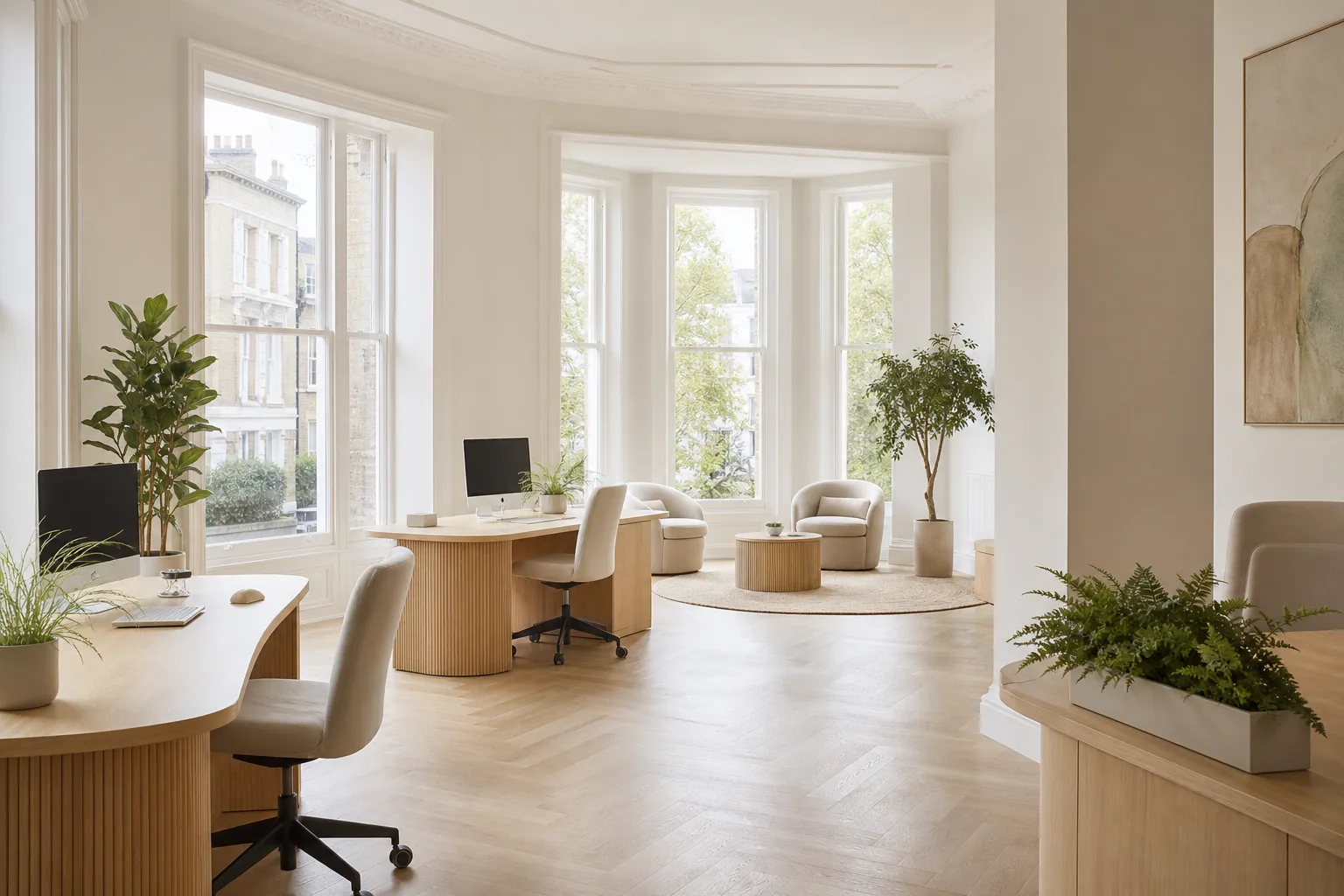 A bright office interior with pale wood desks and plants