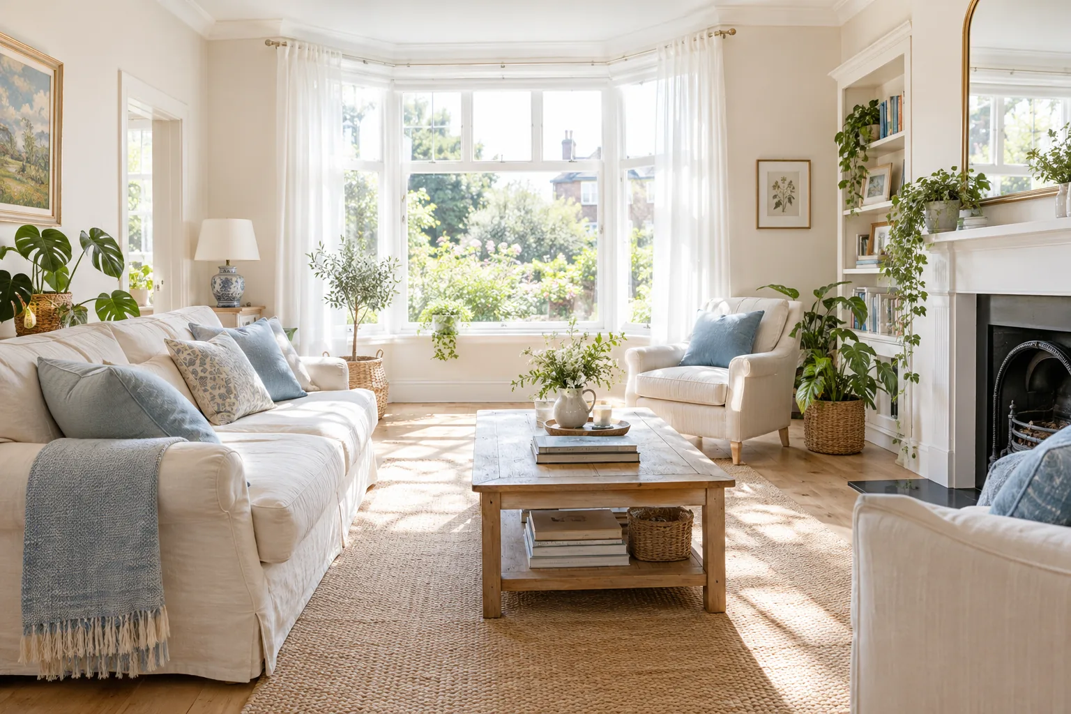 A bright family living room with large windows and plants