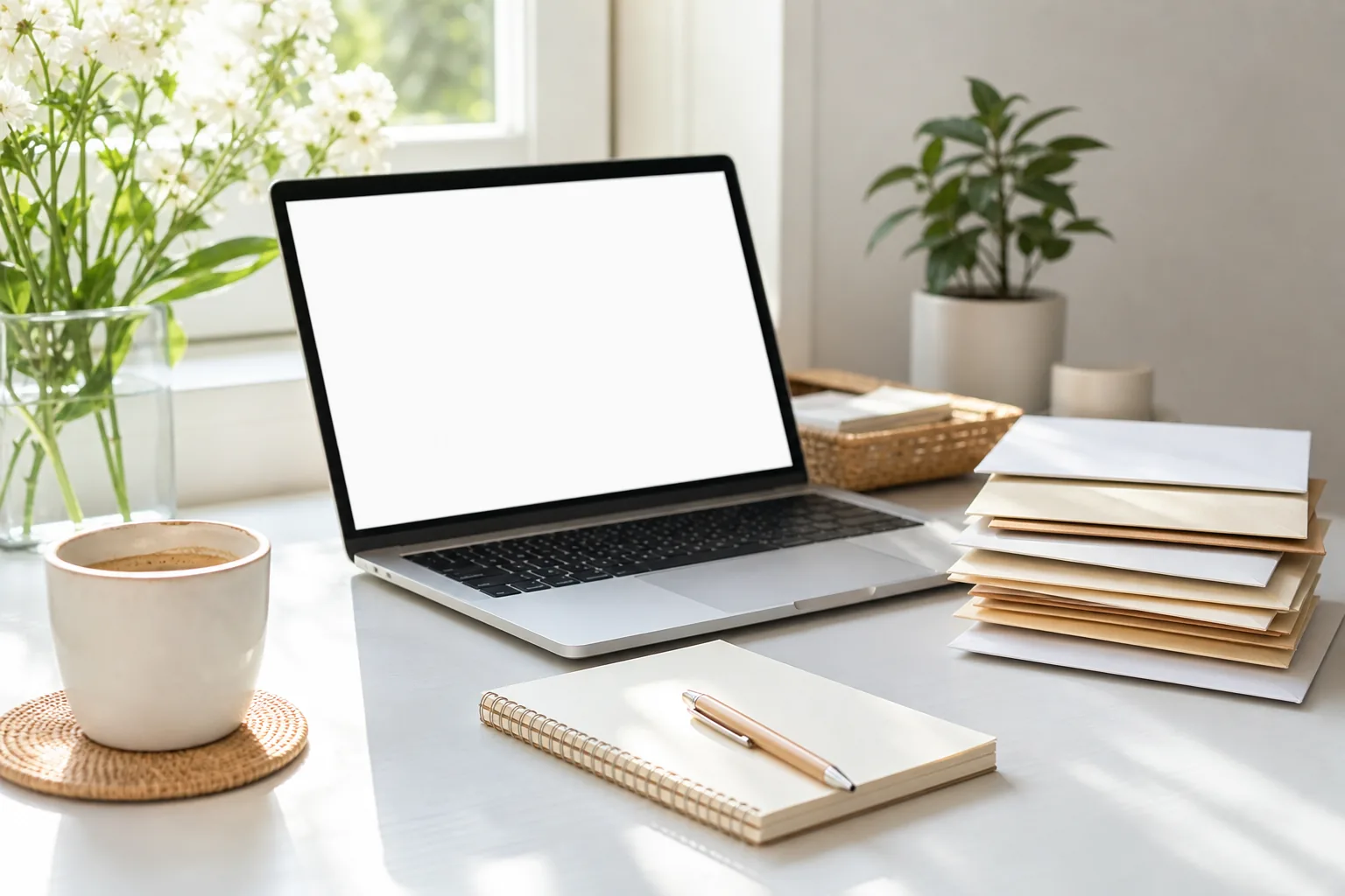 A writing desk with a laptop, envelopes and a notebook