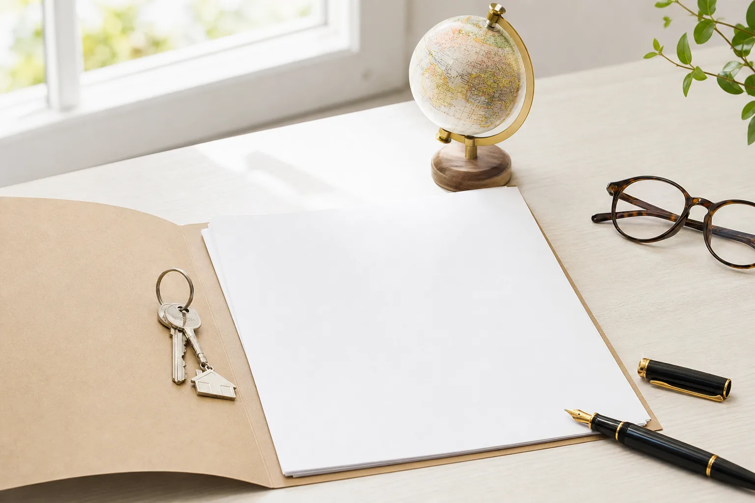 A desk with a folder of documents, keys, a pen and glasses