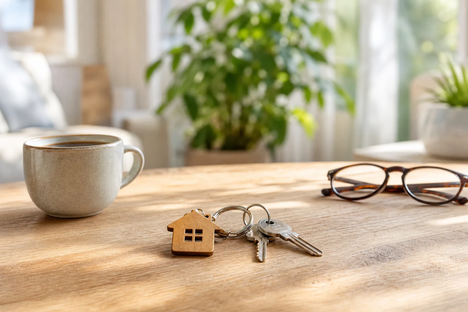 Two sets of house keys with a keyring on a wooden table