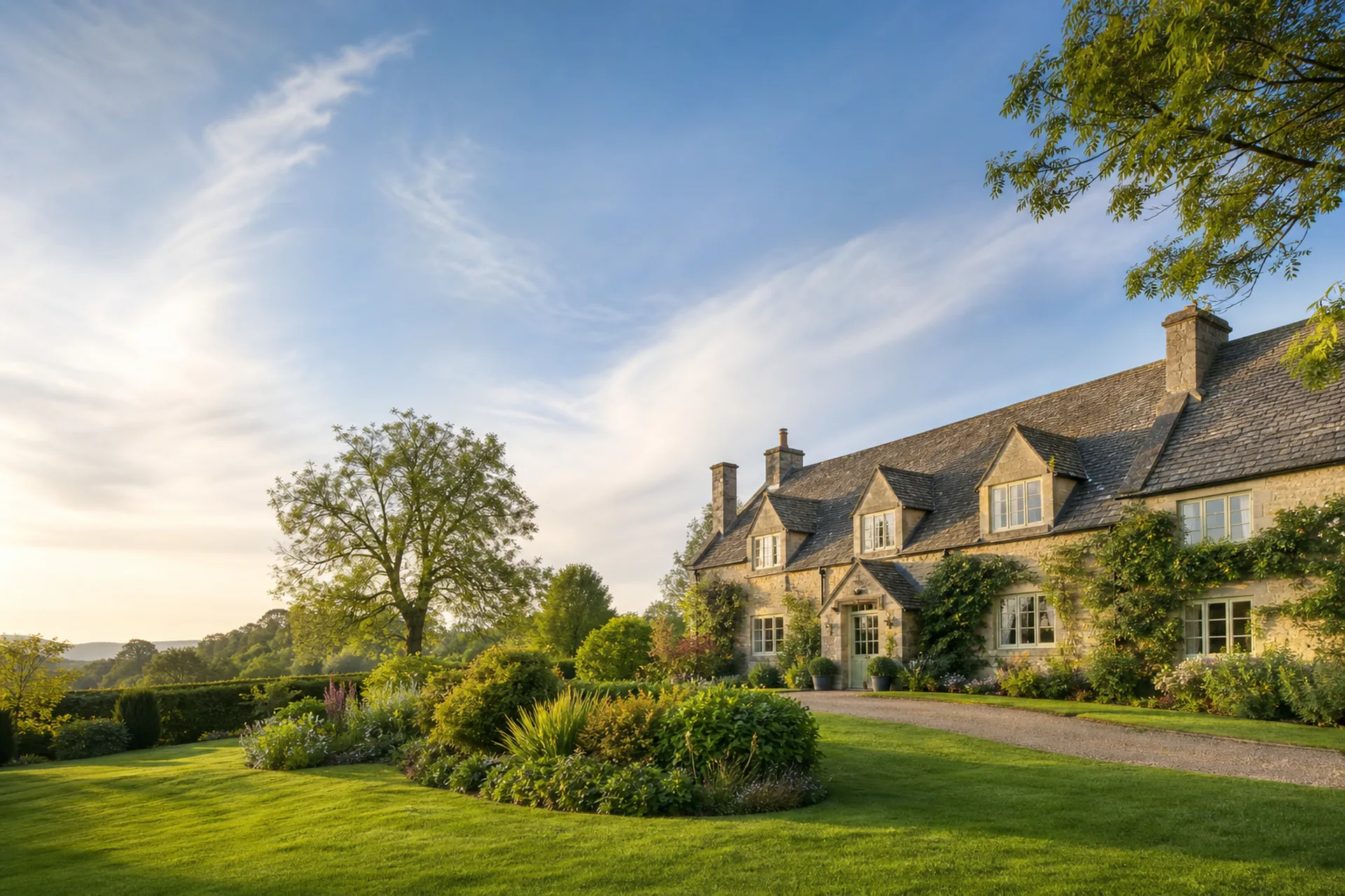 A traditional countryside house with gardens in soft daylight