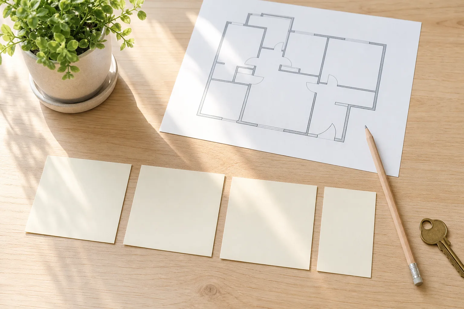 A planning desk with index cards and a floorplan sheet