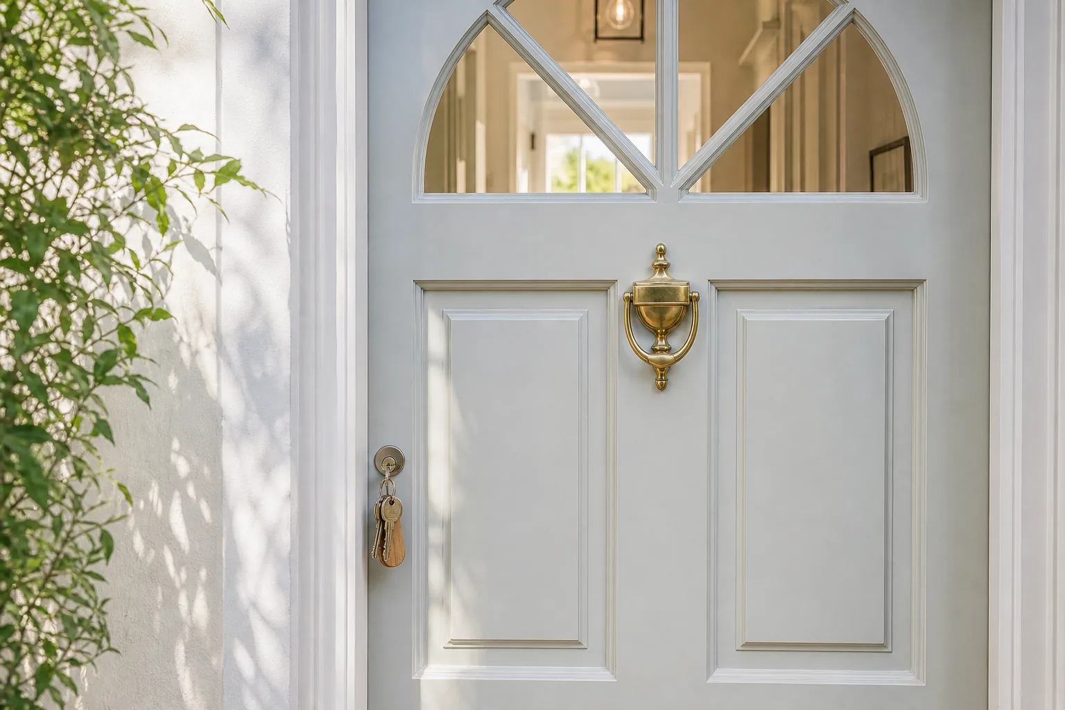 Keys hanging in the lock of a classic painted front door