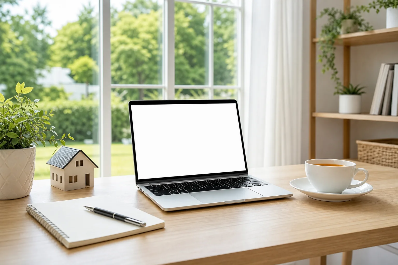 A bright home office desk during an online property consultation