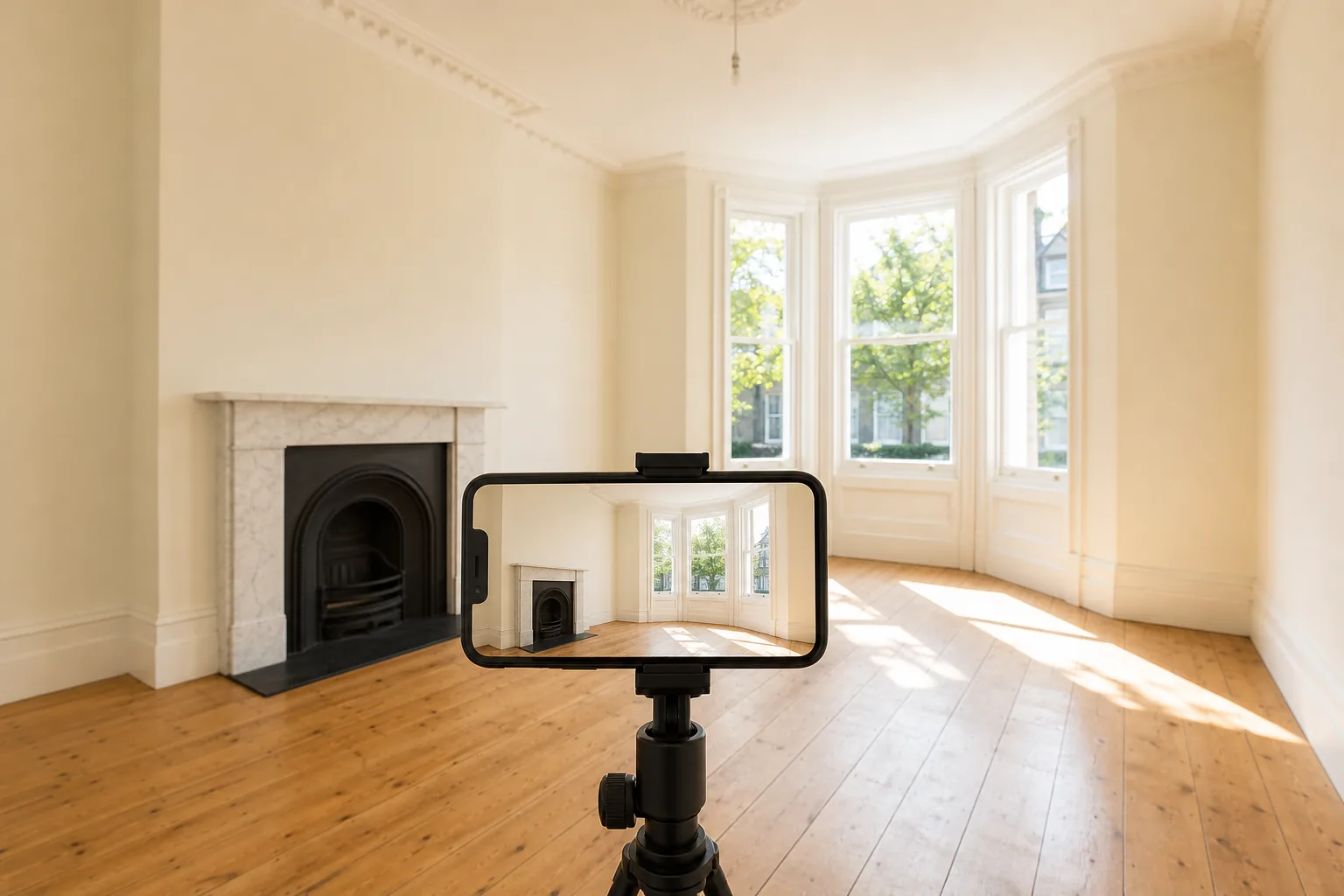 A phone on a tripod filming a bright period living room